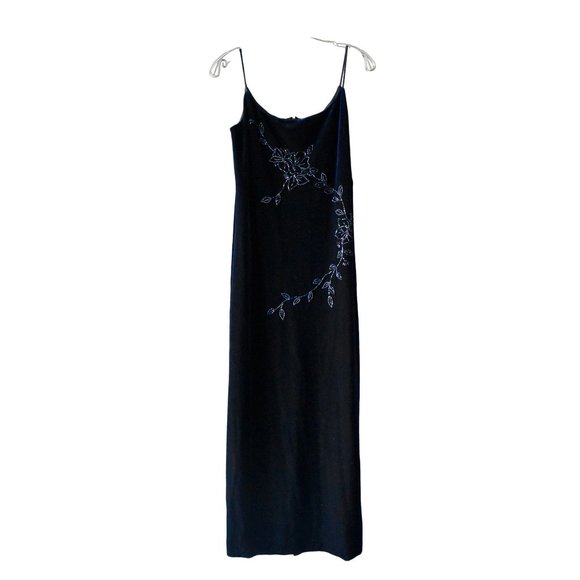 Vintage 80's Betsy Adam By Jaslene Vintage Dark  Blue Velvet Gown with Beading M - Picture 1 of 7